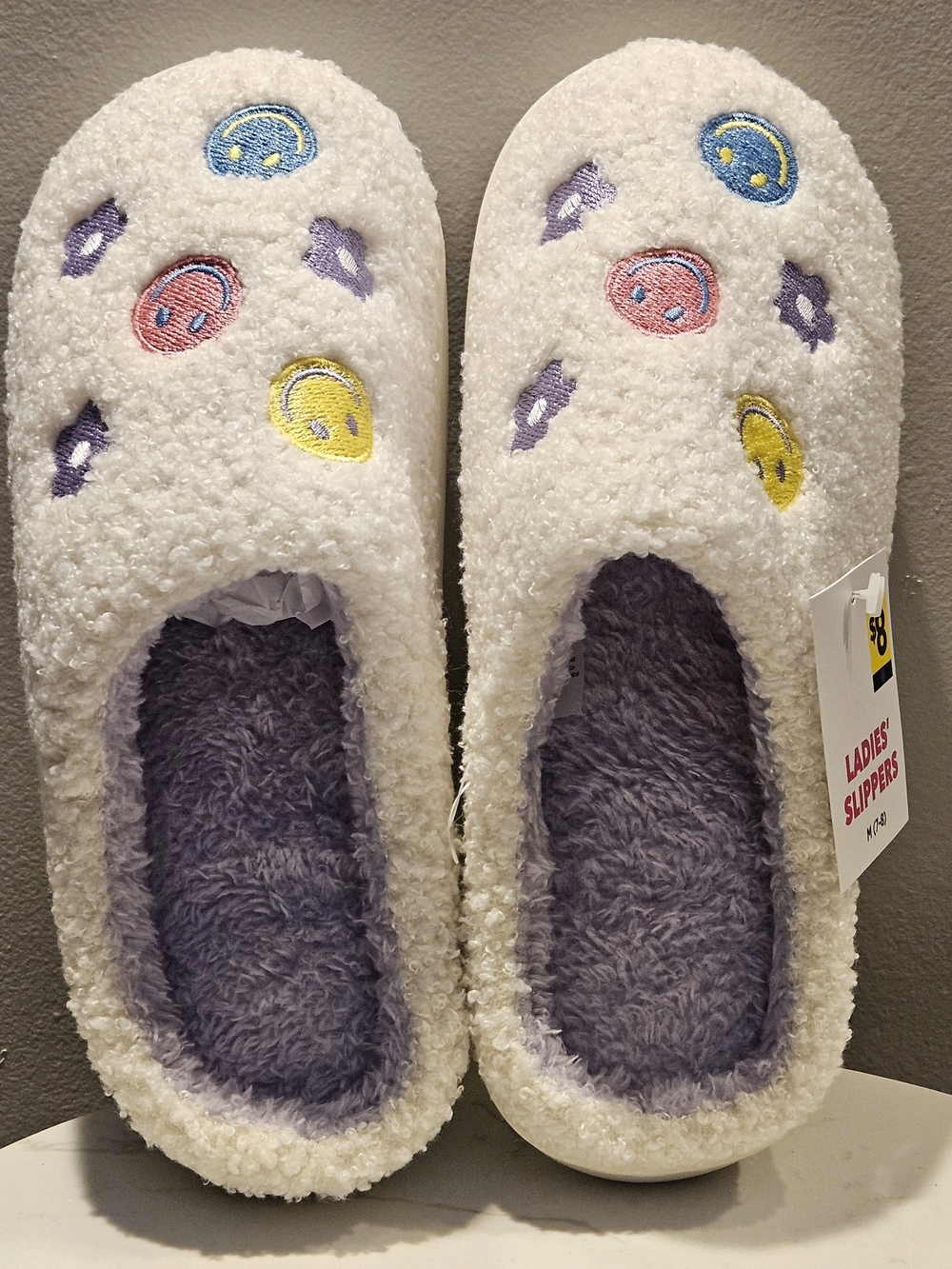 Womens Cozy White Sherpa Slippers with Colorful Smiley Embroidery - White/Purple